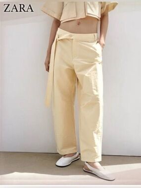 Zara Buttery Yellow Asymmetrical Belted Barrel Lantern Crop Trouser S Cotton